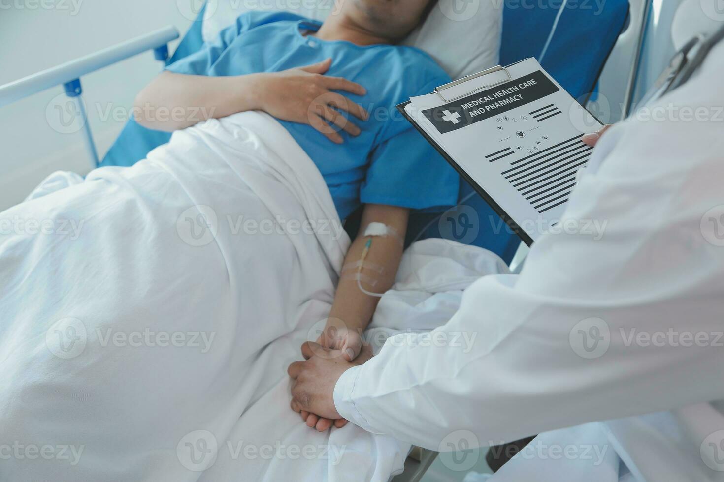 Injured patient showing doctor broken wrist and arm with bandage in hospital office or emergency room. Sprain, stress fracture or repetitive strain injury in hand. Nurse helping customer. First aid. photo