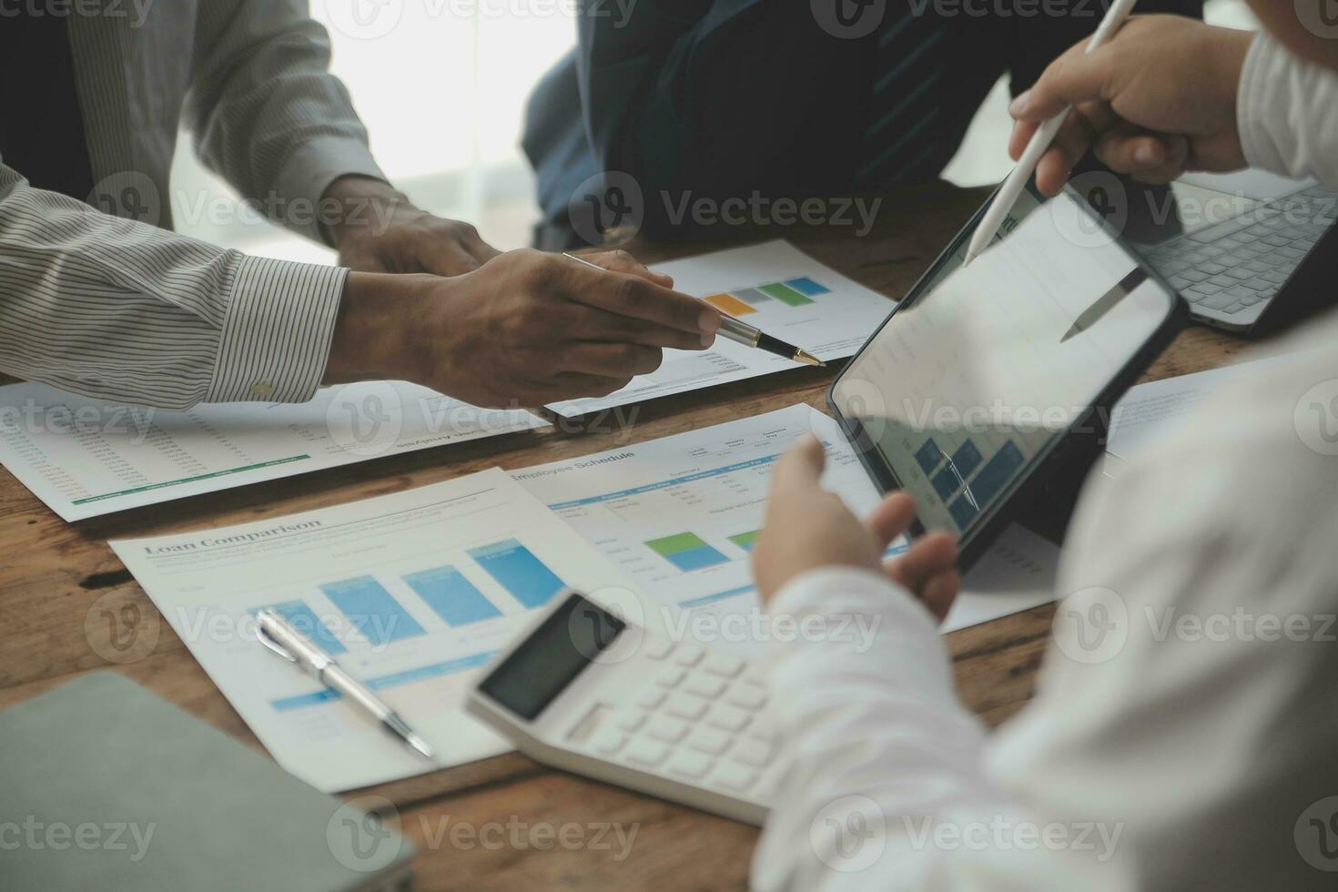 Team of business people working together in the meeting room office, teamwork background charts and graphs banner, double exposure successful teamwork,business planning concept. photo