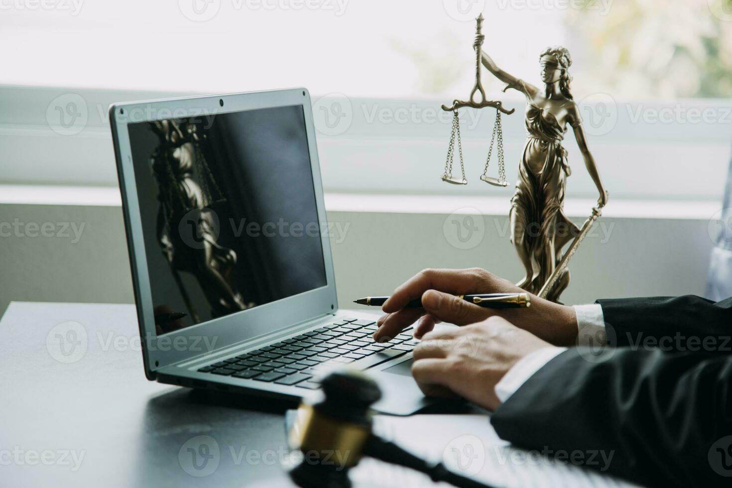 Business and lawyers discussing contract papers with brass scale on desk in office. Law, legal services, advice, justice and law concept picture with film grain effect photo