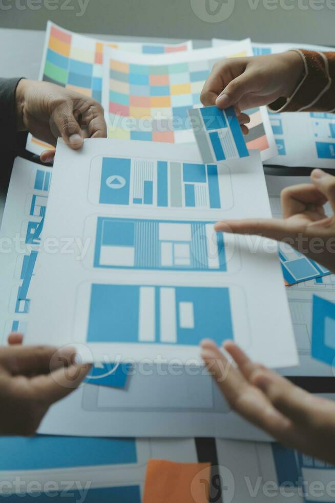 ux Graphic designer creative sketch planning application process development prototype wireframe for web mobile phone . User experience concept. photo