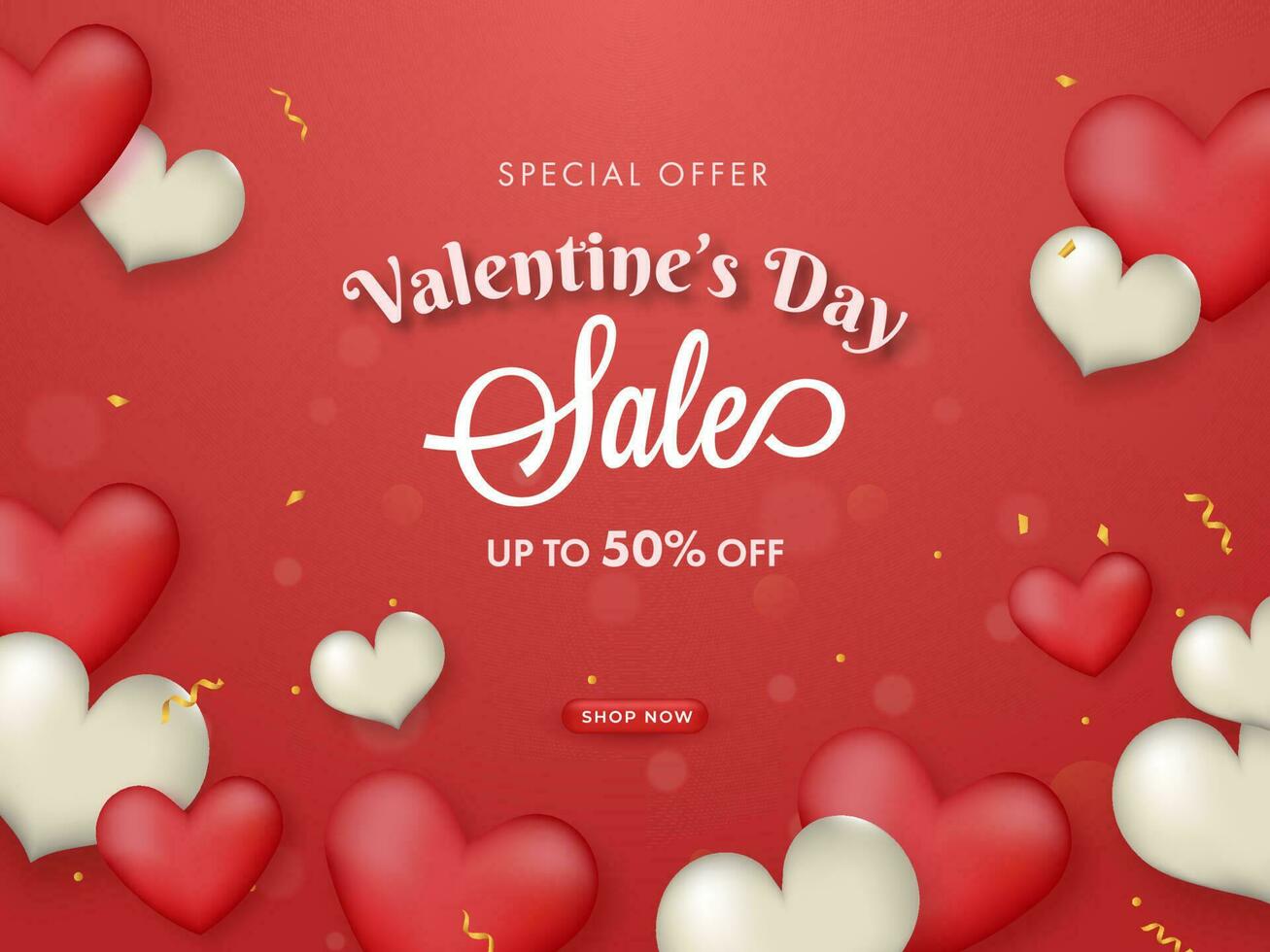 Valentine's Day Sale Poster Design With Discount Offer And Glossy Hearts Decorated On Red Background. vector