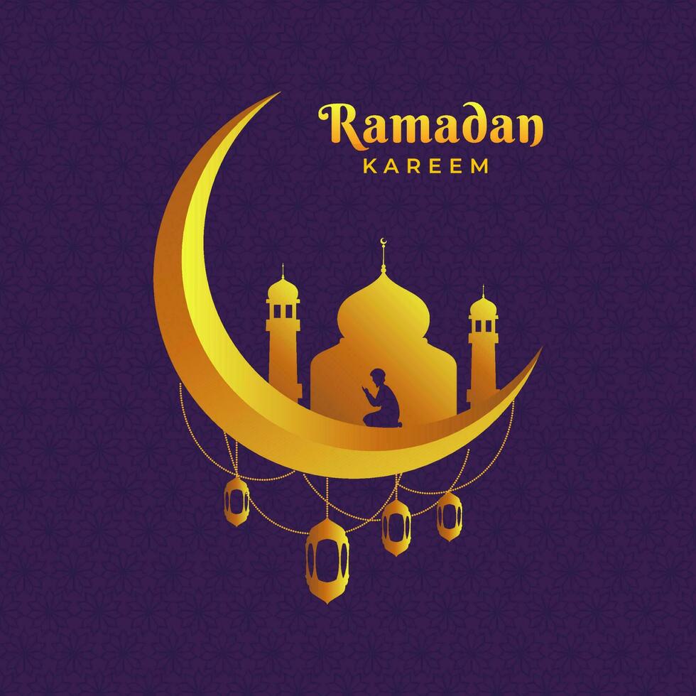 Ramadán kareem concepto con creciente luna, silueta mezquita, colgando linternas y musulmán hombre Orando en púrpura antecedentes. vector