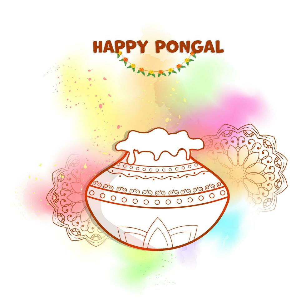 Happy Pongal Celebration Concept With Sticker Style Mud Full Of Traditional Dish, Mandala Pattern On Blur Color Explosion Background. vector