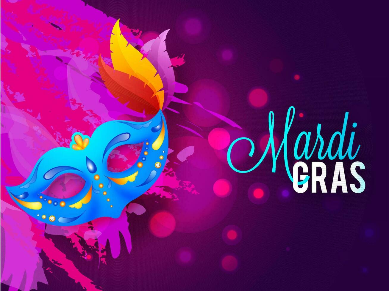mardi gras celebracion bandera o póster diseño con fiesta máscara ilustración en púrpura bokeh grunge cepillo carrera antecedentes. vector