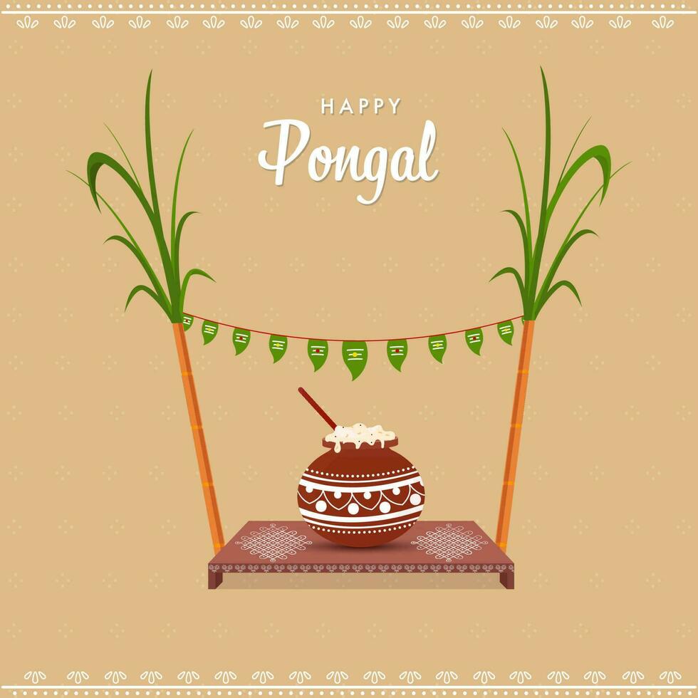 Happy Pongal Celebration Concept With Traditional Dish In Mud Pot Over Small Stool Or Table, Worship Leaves And Sugarcane On Brown Background. vector