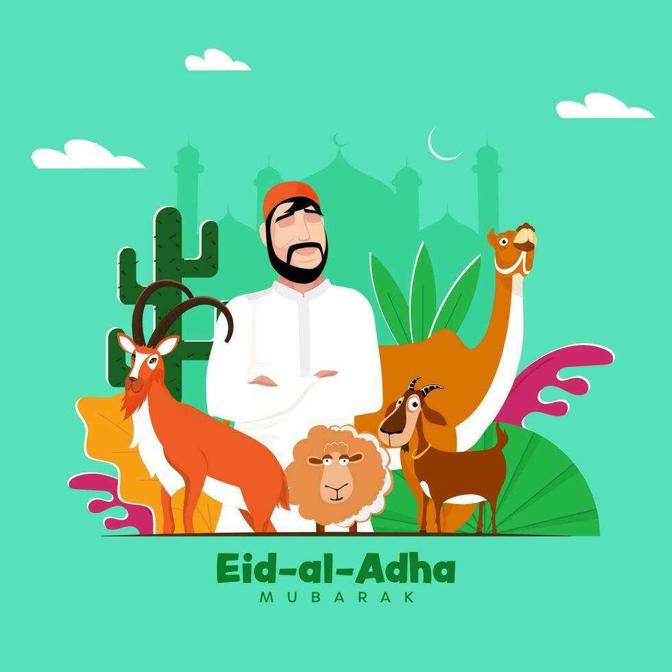 Eid al-Adha Mubarak saludo tarjeta con islámico hombre personaje, animal y cactus planta en verde silueta mezquita antecedentes. vector