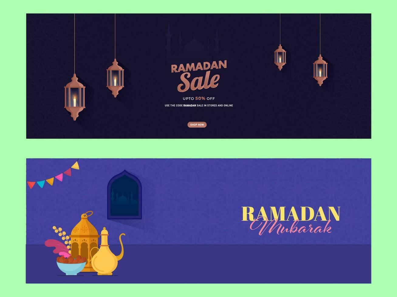 Ramadan Kareem or Ramadan Mubarak Header or Banner Set. vector