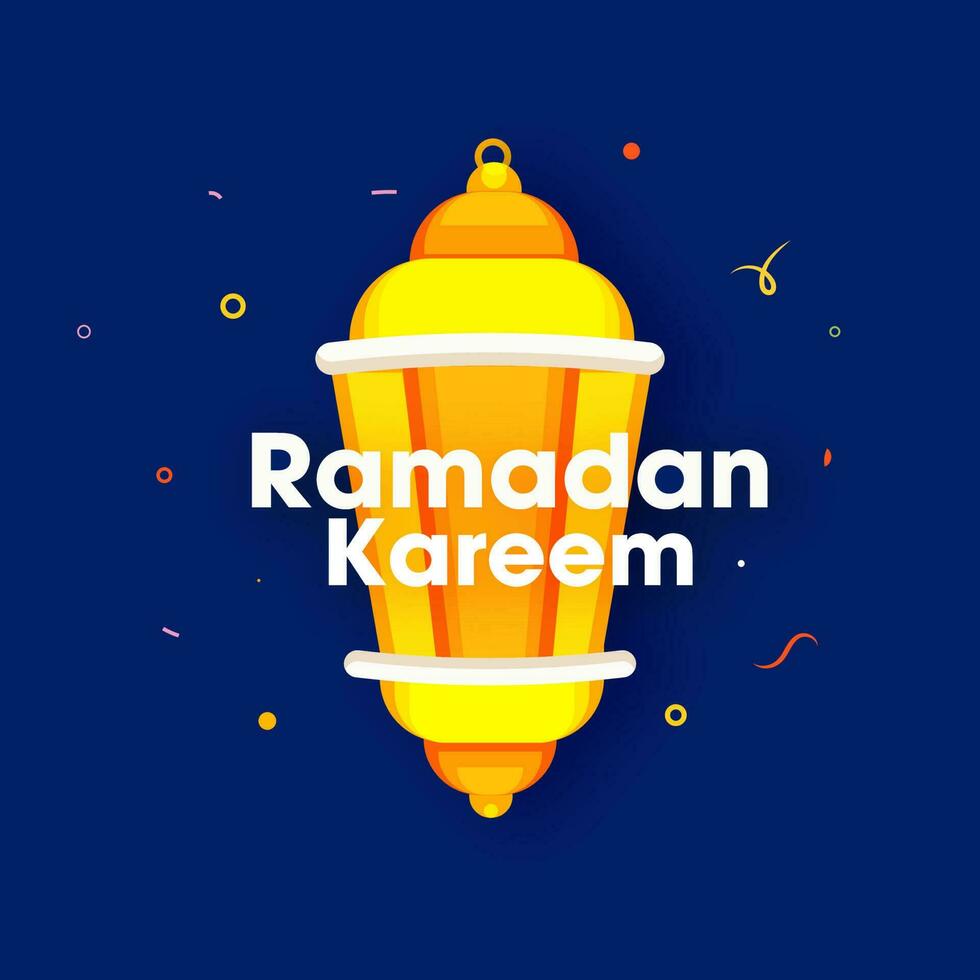 Ramadán kareem texto con linterna ilustración en azul antecedentes. vector