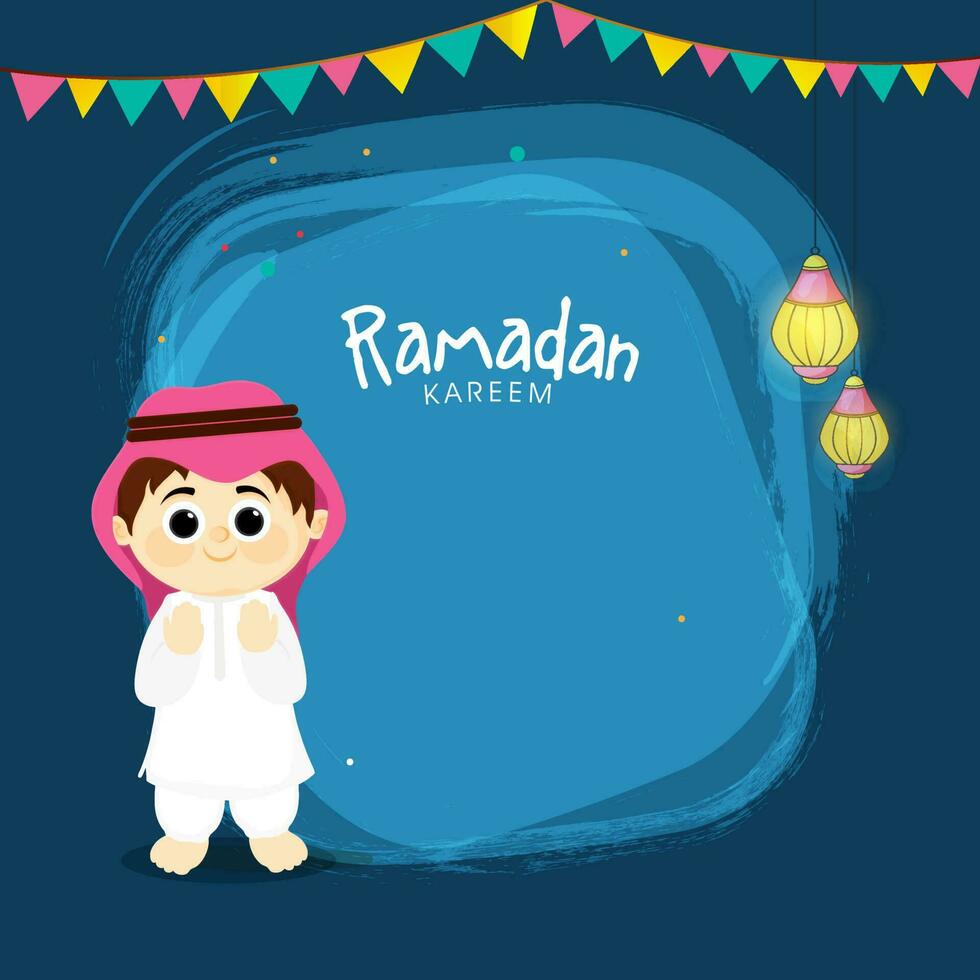 Ramadán kareem celebracion concepto con linda árabe chico Orando namaz, linternas colgar y verderón banderas en azul cepillo efecto antecedentes. vector