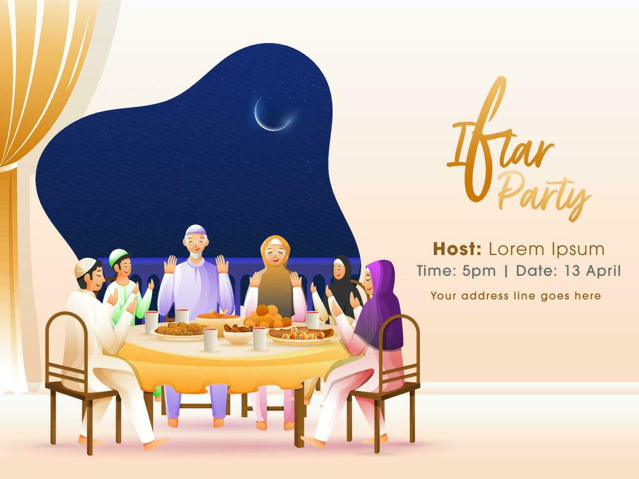 ilustración de musulmán familia Orando antes de iftar cena durante Ramadán banquete a hogar. vector