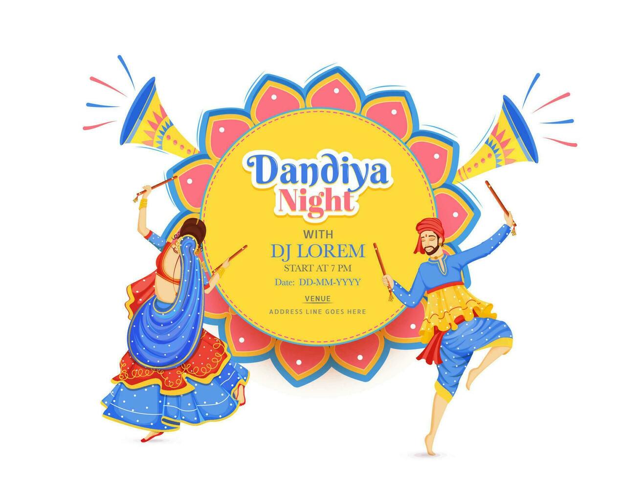 Creative Dandiya Night DJ party banner or poster design, illustration of couple dancing with dandiya stick on floral background, date, time and event detail. vector