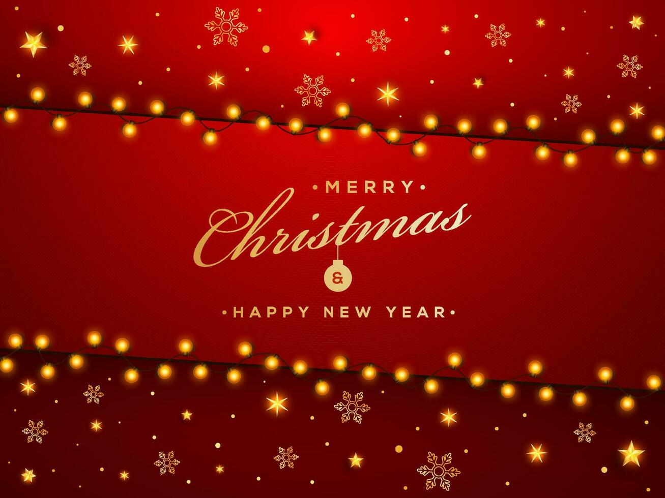 Merry Christmas and Happy New Year greeting card design decorated with golden stars, snowflakes and lighting garland on red background. vector