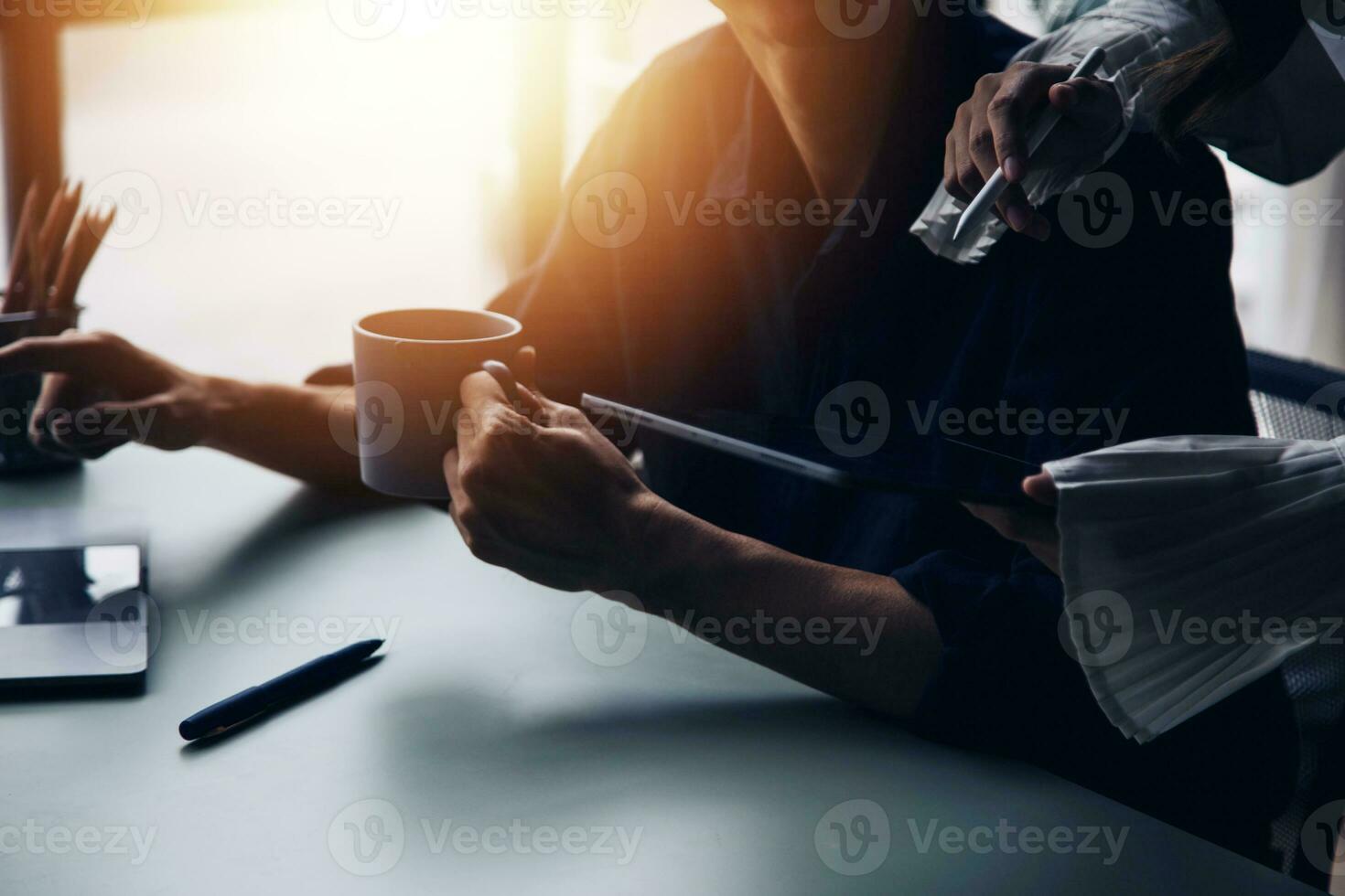 Financial Business team present. Business man hands hold documents with financial statistic stock photo, discussion, and analysis report data the charts and graphs. Finance Financial concept photo