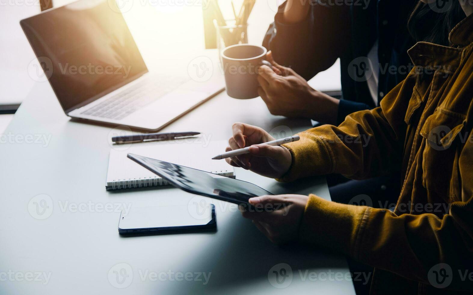 Financial Business team present. Business man hands hold documents with financial statistic stock photo, discussion, and analysis report data the charts and graphs. Finance Financial concept photo