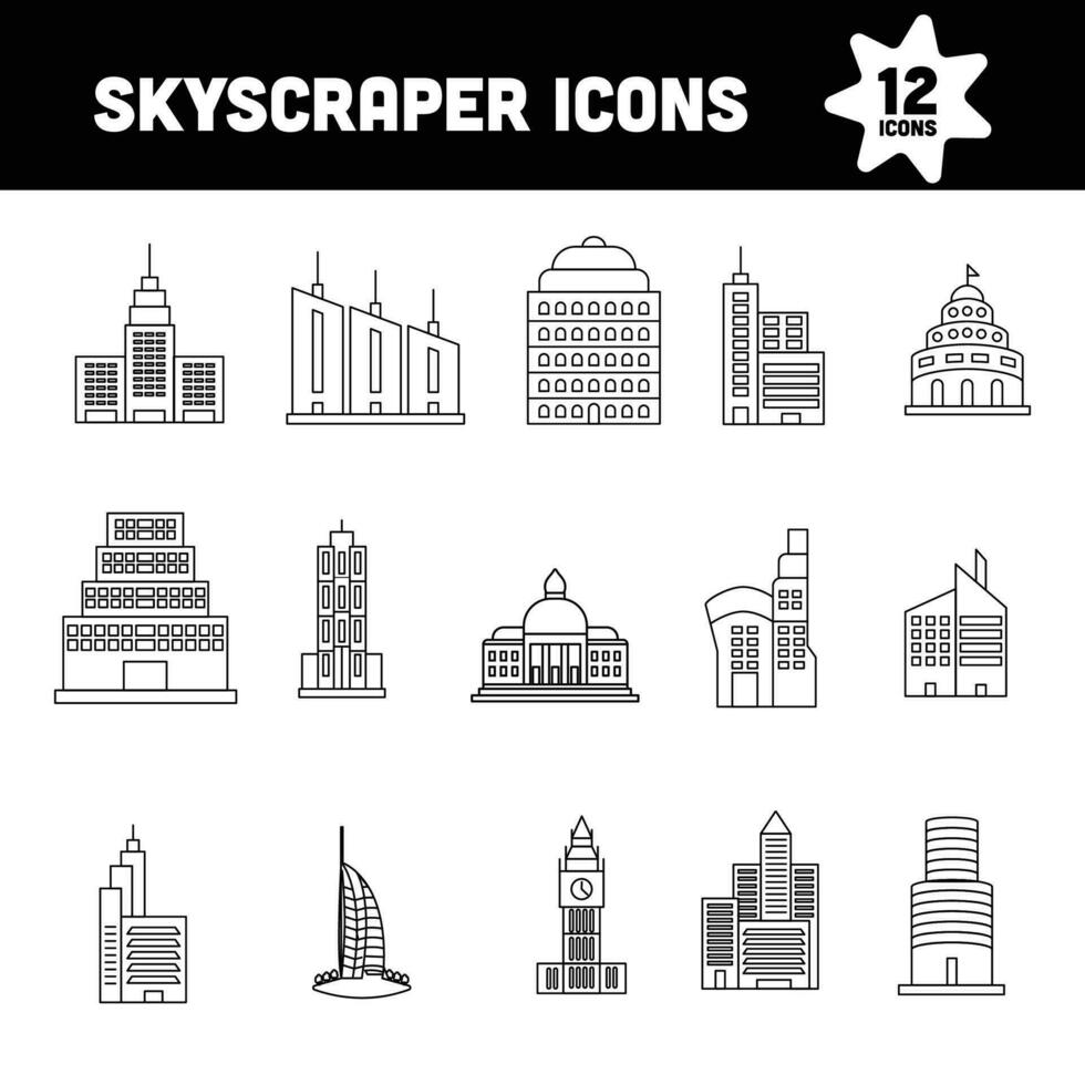 negro línea Arte conjunto de rascacielos icono en plano estilo. vector