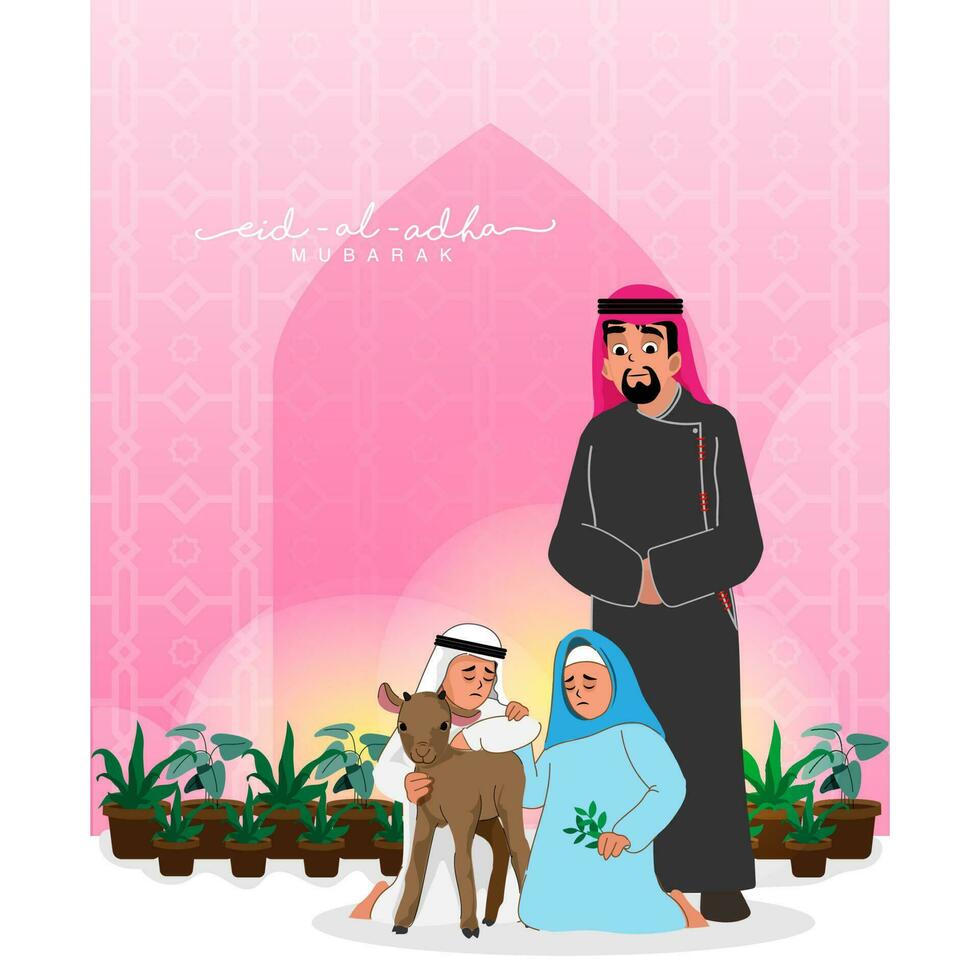 Arabian Family Character With A Goat And Plant Pots On Pink Islamic Pattern Background For Eid-Al-Adha Mubarak Concept. vector