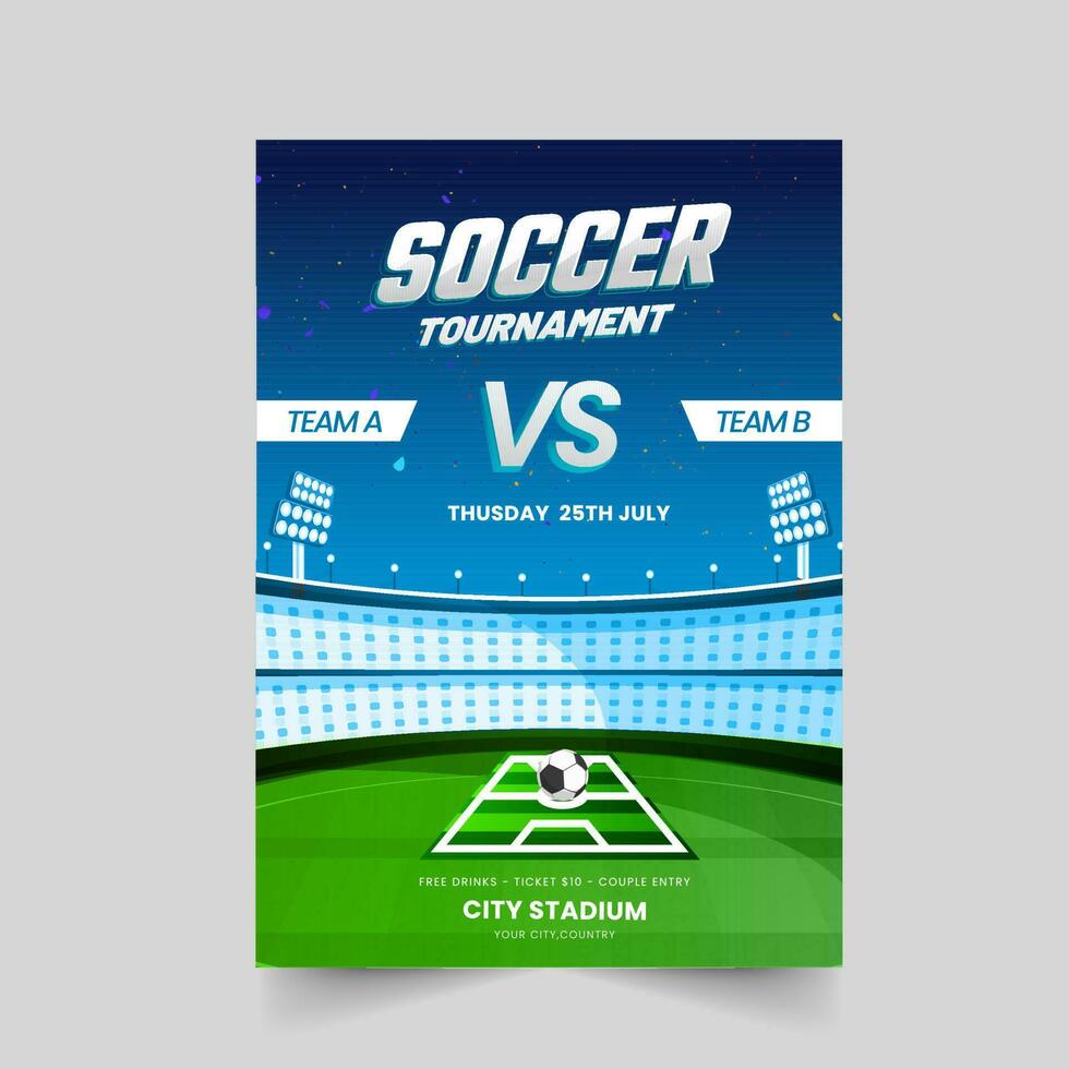 Soccer Tournament Template Or Flyer Design With Stadium View In Blue And Green Color. vector