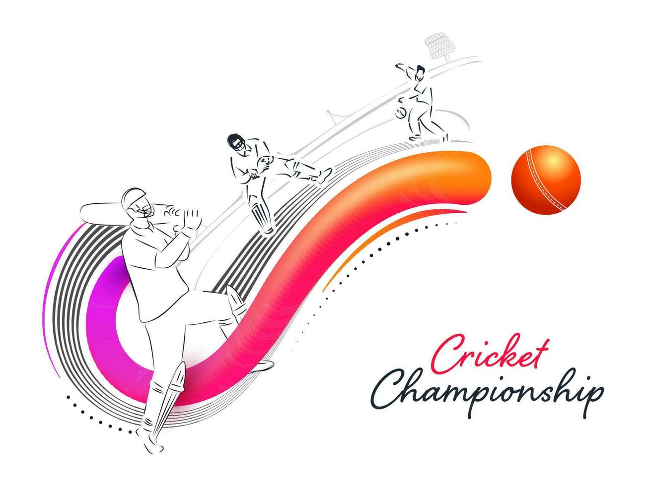 Cricket Championship Concept With Doodle Style Cricketer Players In Different Poses And Blend Wave On White Background. vector