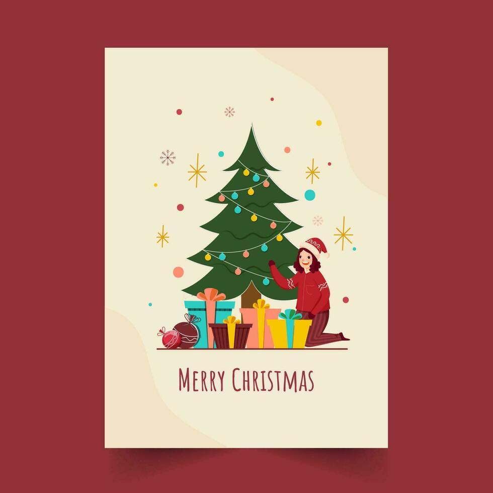 Merry Christmas Greeting Card With Cheerful Girl Showing Xmas Tree, Baubles And Gift Boxes On Beige Background. vector