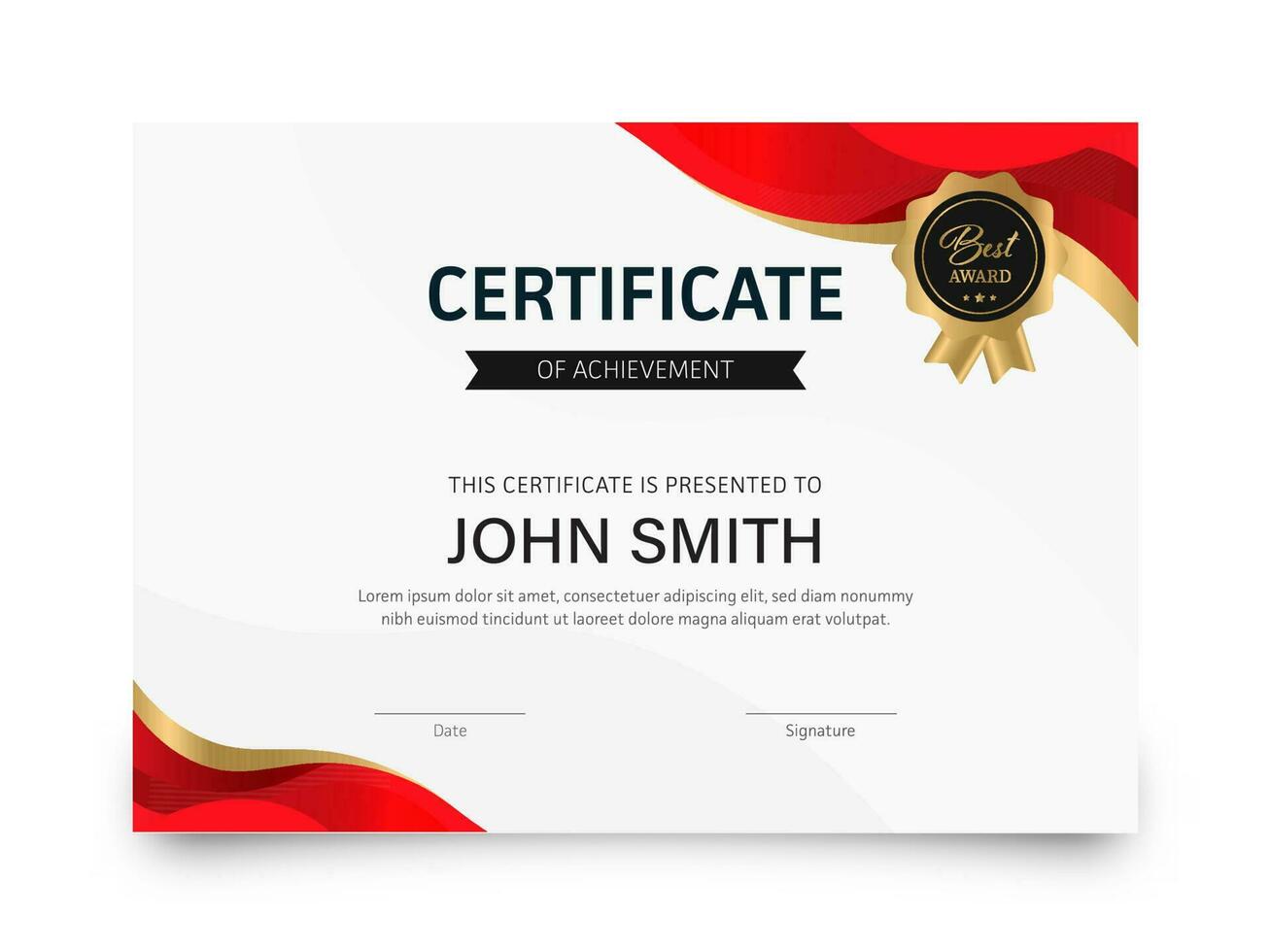 Certificate Of Achievement Best Award Template Layout In White And Red Color. vector