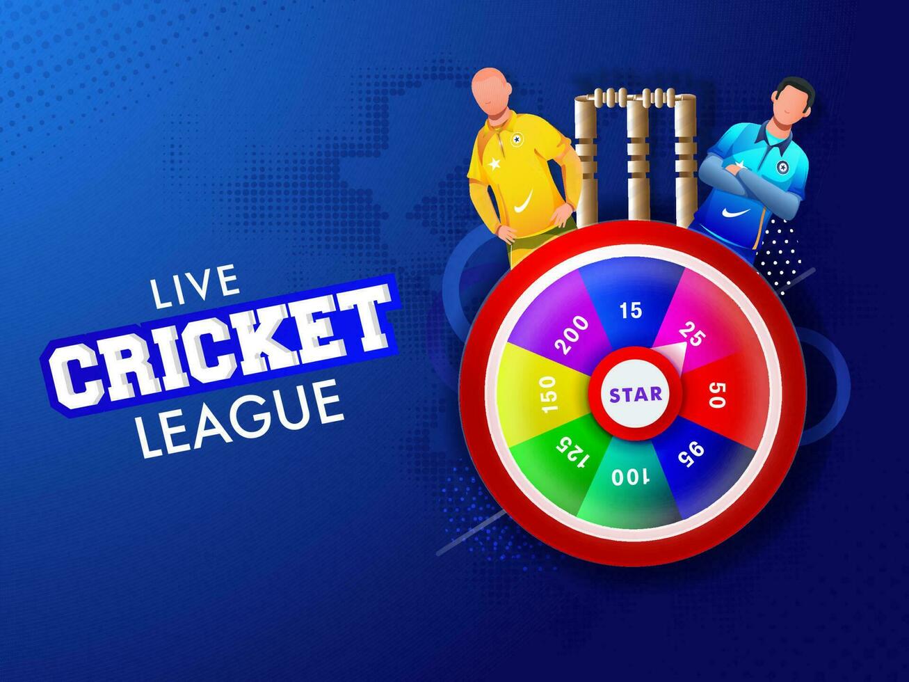 Live Cricket League Poster Design With Start Spinning Wheel, Wicket Stumps And Two Players Character Of Participate Team On Blue Halftone Background. vector