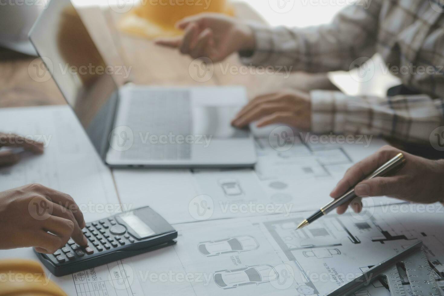 Two business man construction site engineer. Engineering objects on workplace with partners interacting on background photo