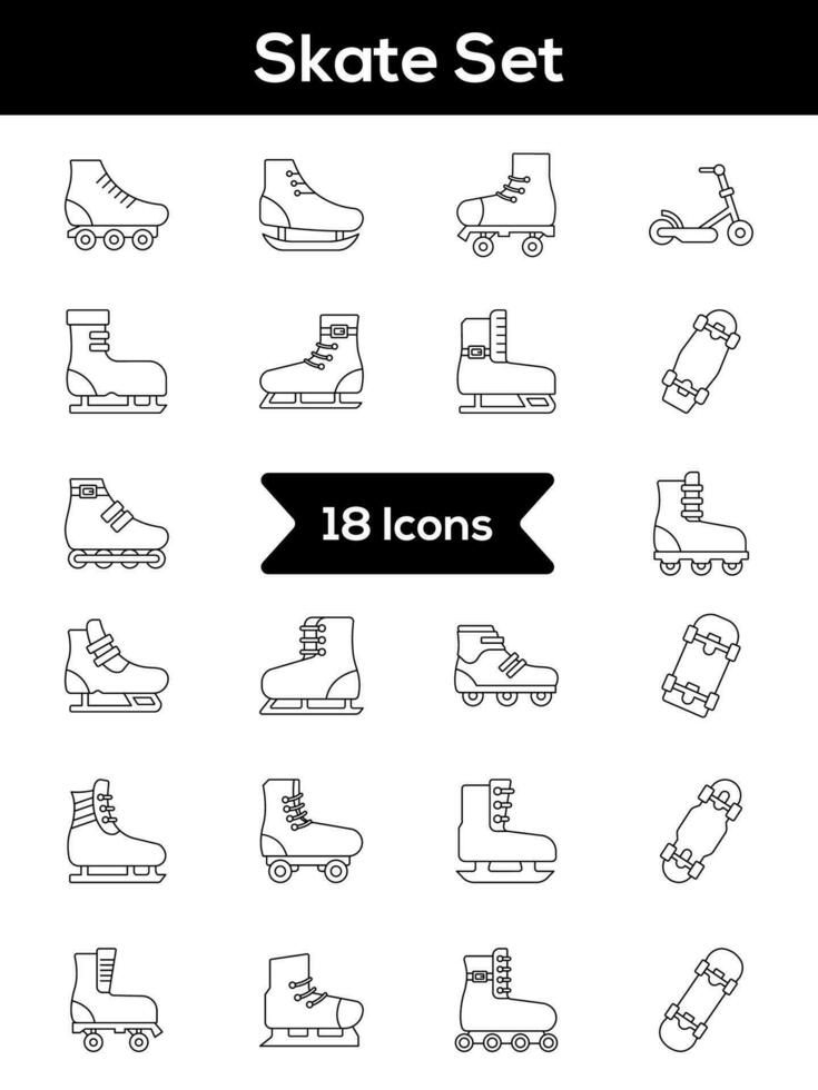 Black Line Art Set of Skate Icon In Flat Style. vector