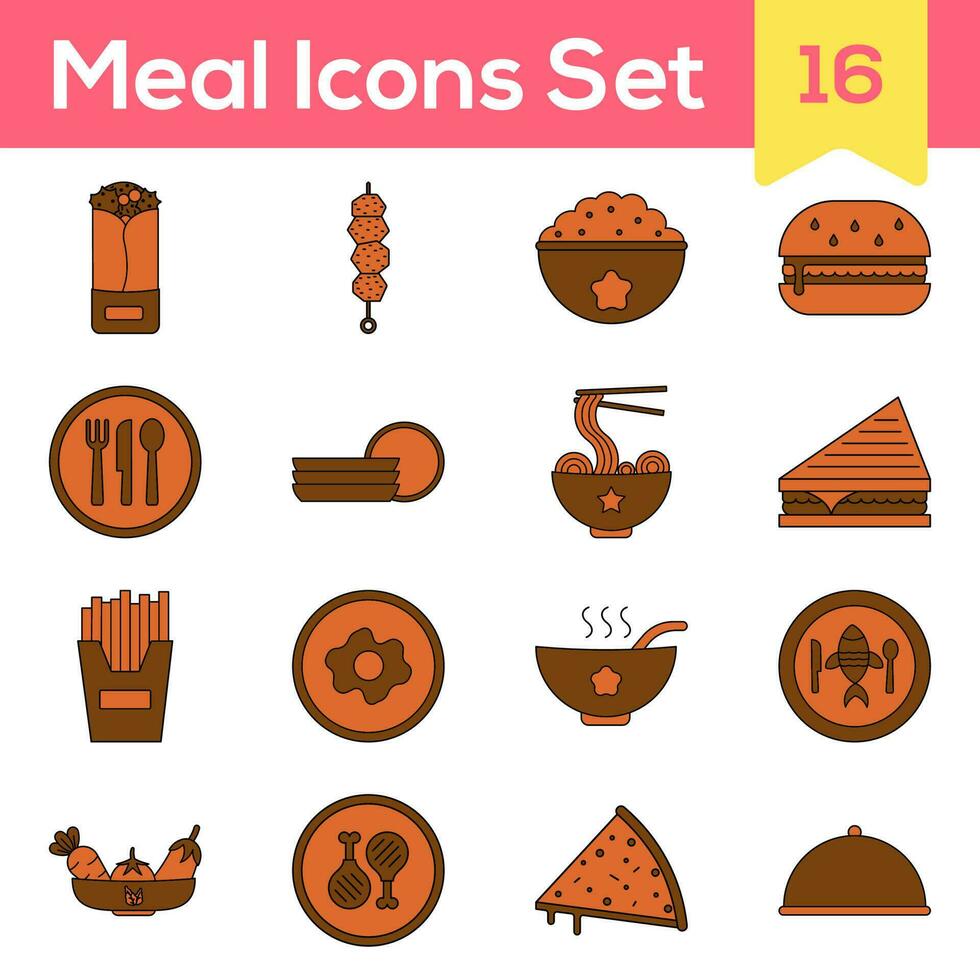 Illustration Of Meal Icon Set In Brown And Orange Color. vector