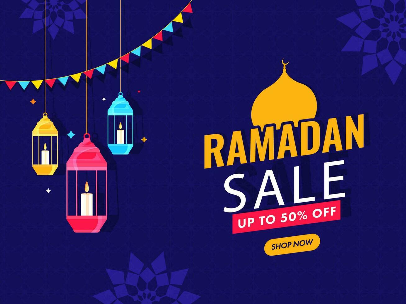 Ramadan Sale Poster Design With Discount Offer And Lit Candle Inside Lanterns Hang On Blue Islamic Pattern Background. vector