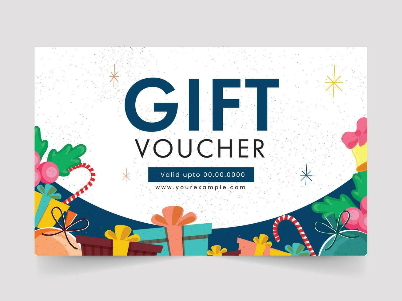 Gift Voucher Template Design With Colorful Gift Boxes, Baubles, Candy Cane, Holly Berries, Jingle Bell On Blue And White Background. vector