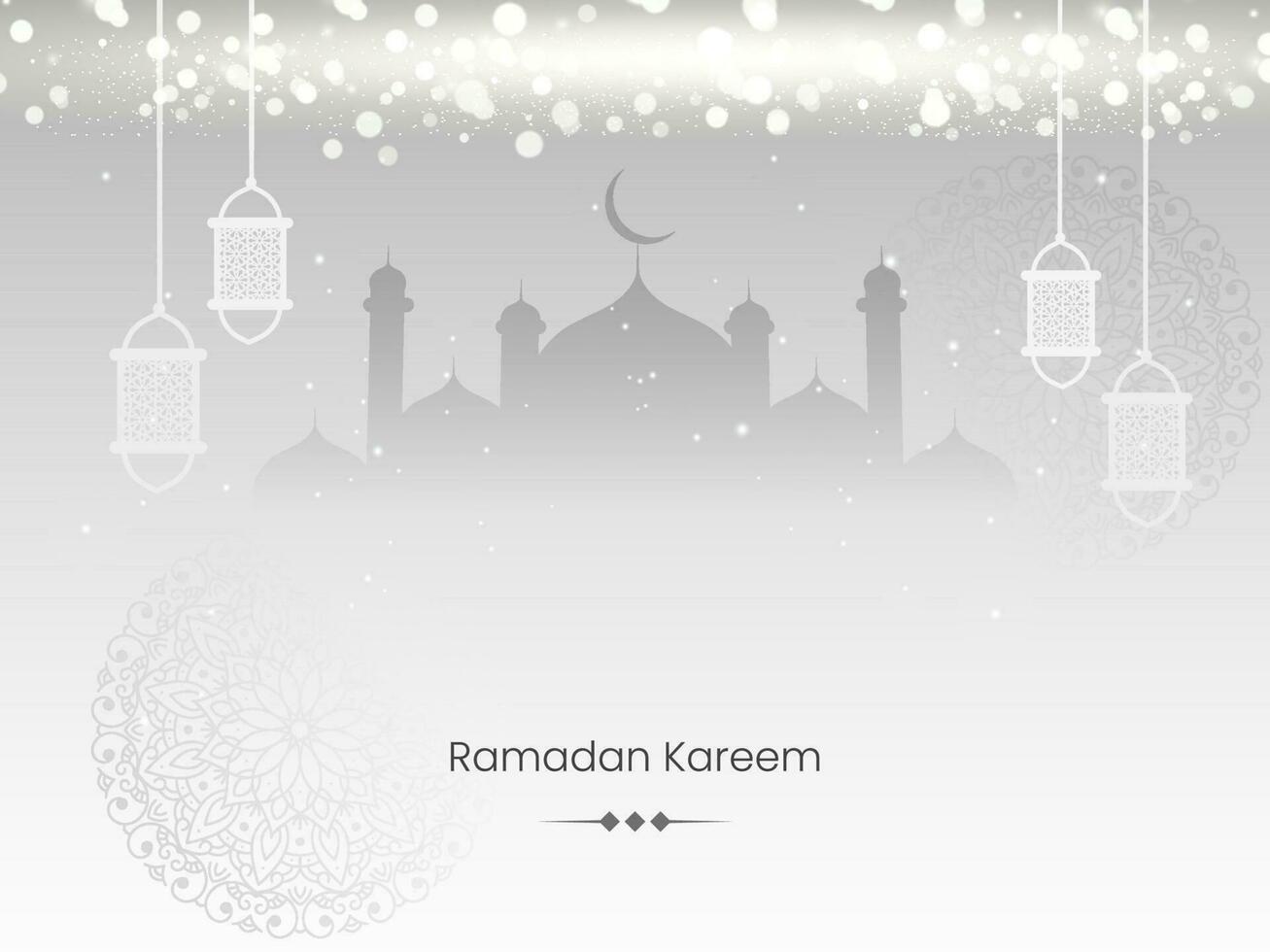 Ramadan Kareem Concept With Arabic Lanterns hang And Bokeh Effect On Gray Silhouette Mosque Background. vector