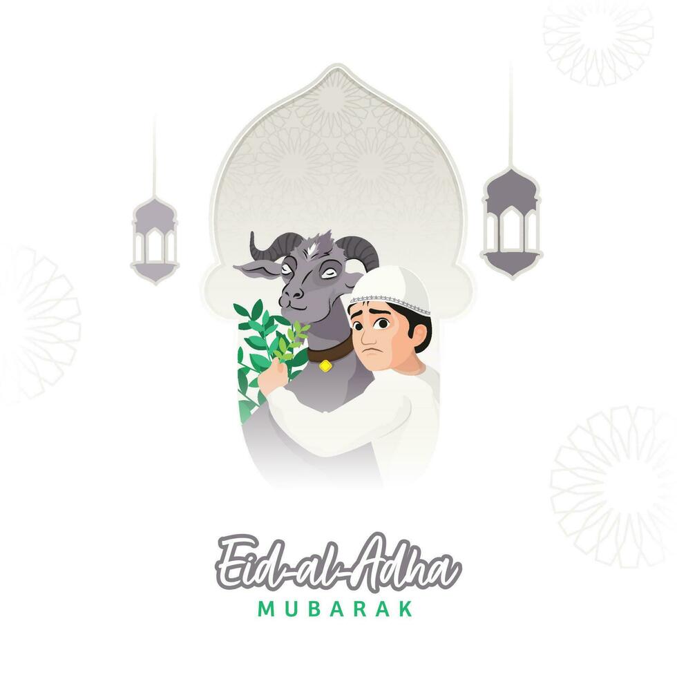 Eid al-Adha Mubarak concepto con musulmán joven chico alimentación césped a cabra animal en blanco antecedentes. vector