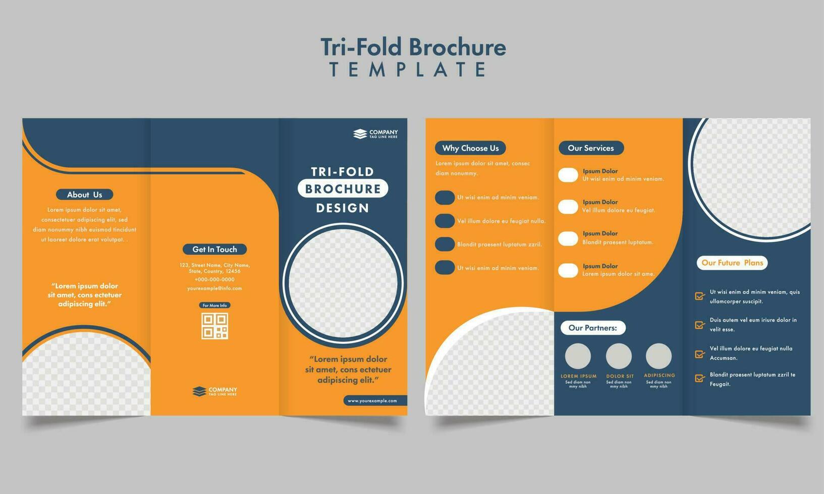 Tri-Fold Brochure Template Design With Space For Product Image In Orange And Blue Color. vector