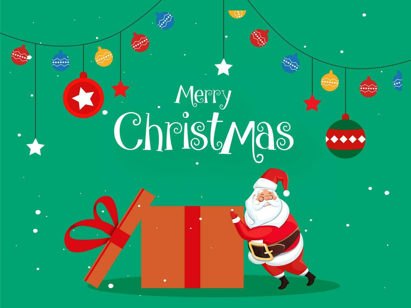 Merry Christmas greeting card design with santa claus pushing open gift box, hanging baubles and stars decorated on green background. vector