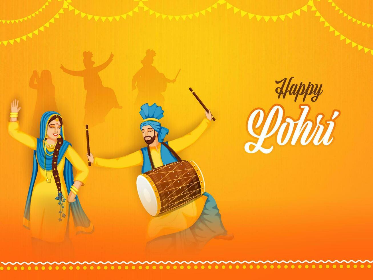 contento lohri celebracion antecedentes con punjabi hombre jugando dhol y mujer bailando juntos. vector