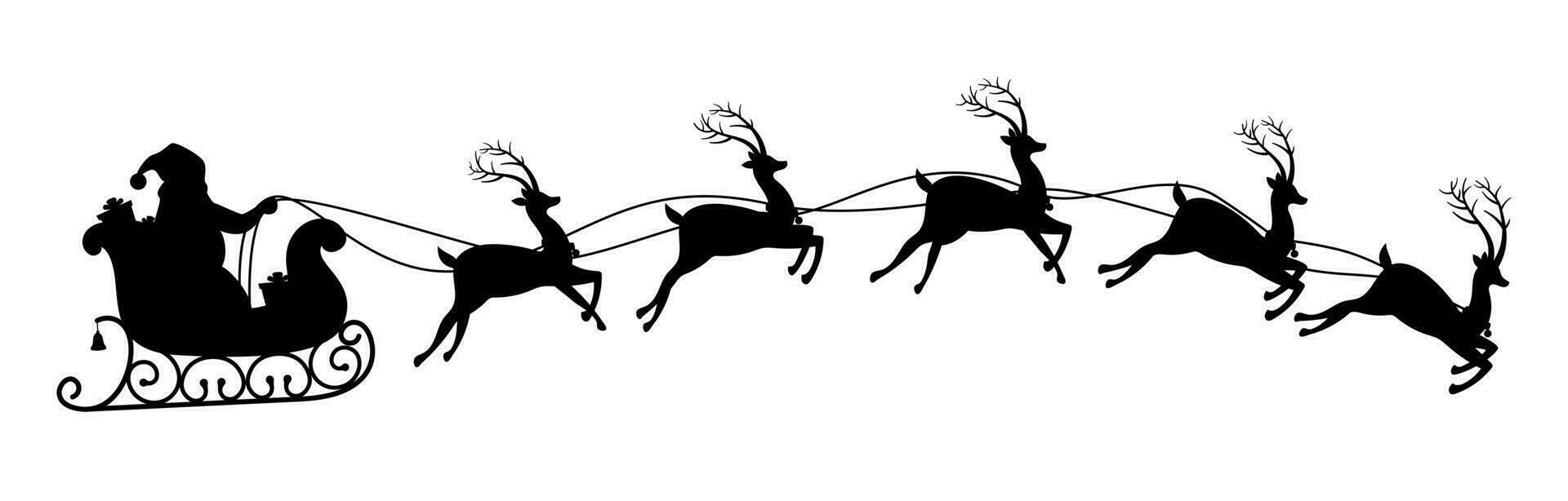 Silhouette of santa claus riding on reindeer sleigh. vector