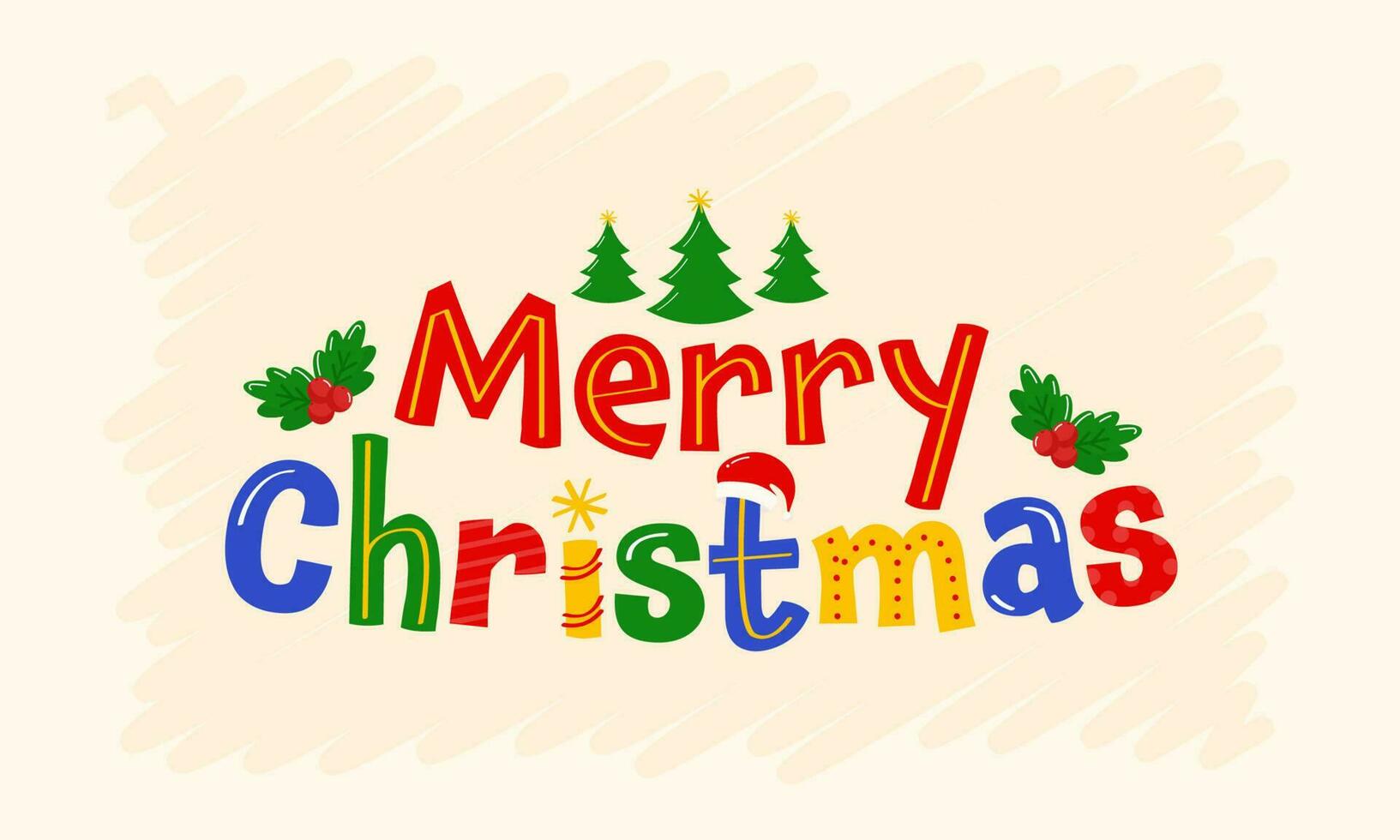 Colorful Merry Christmas Font With Xmas Tree, Holly Berries And Santa Cap On Cosmic Latte Background. vector