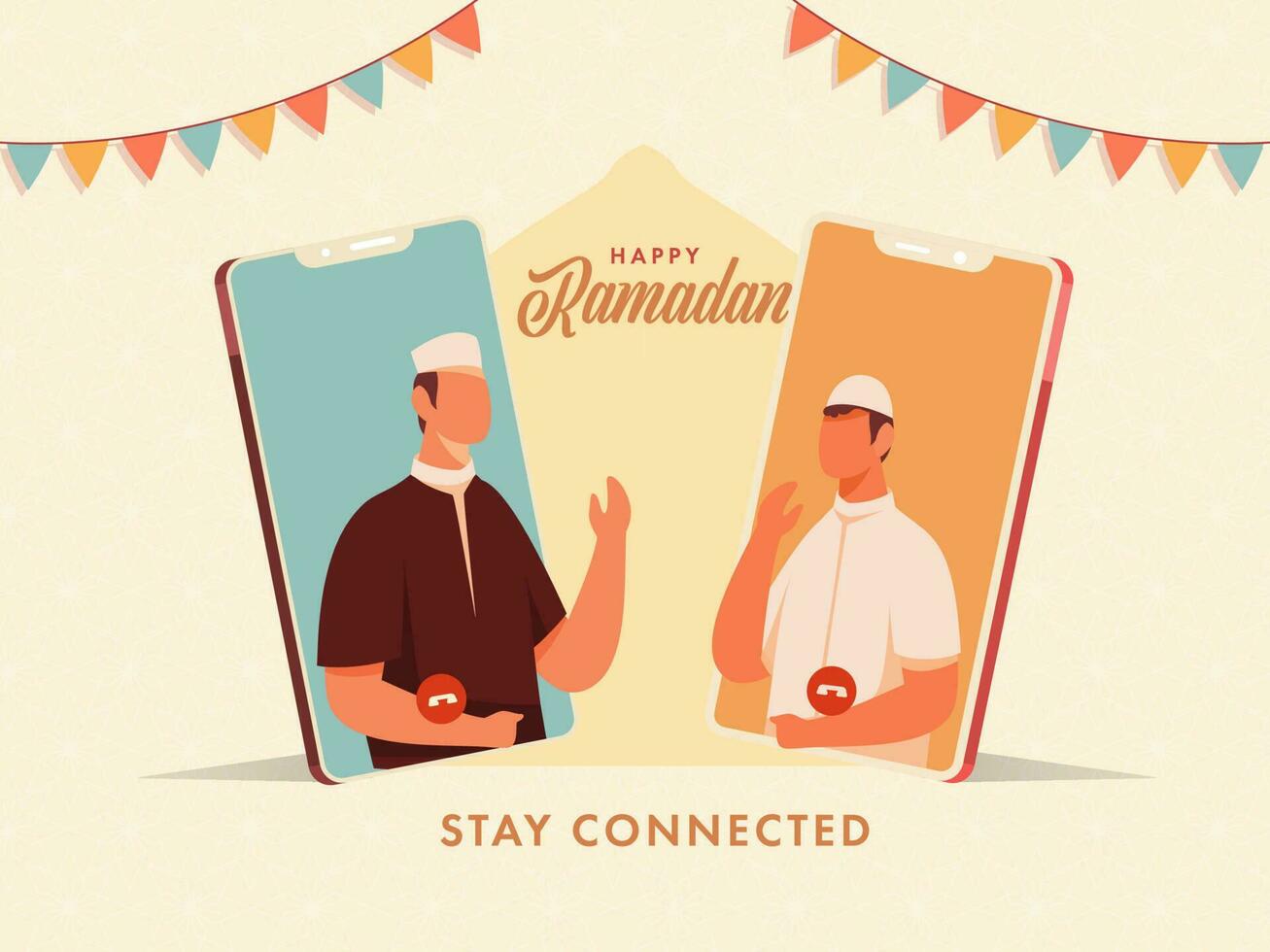 dos musulmán hombres interactuando en vídeo llamada mediante teléfono inteligente a evitar de coronavirus para contento Ramadán concepto. vector