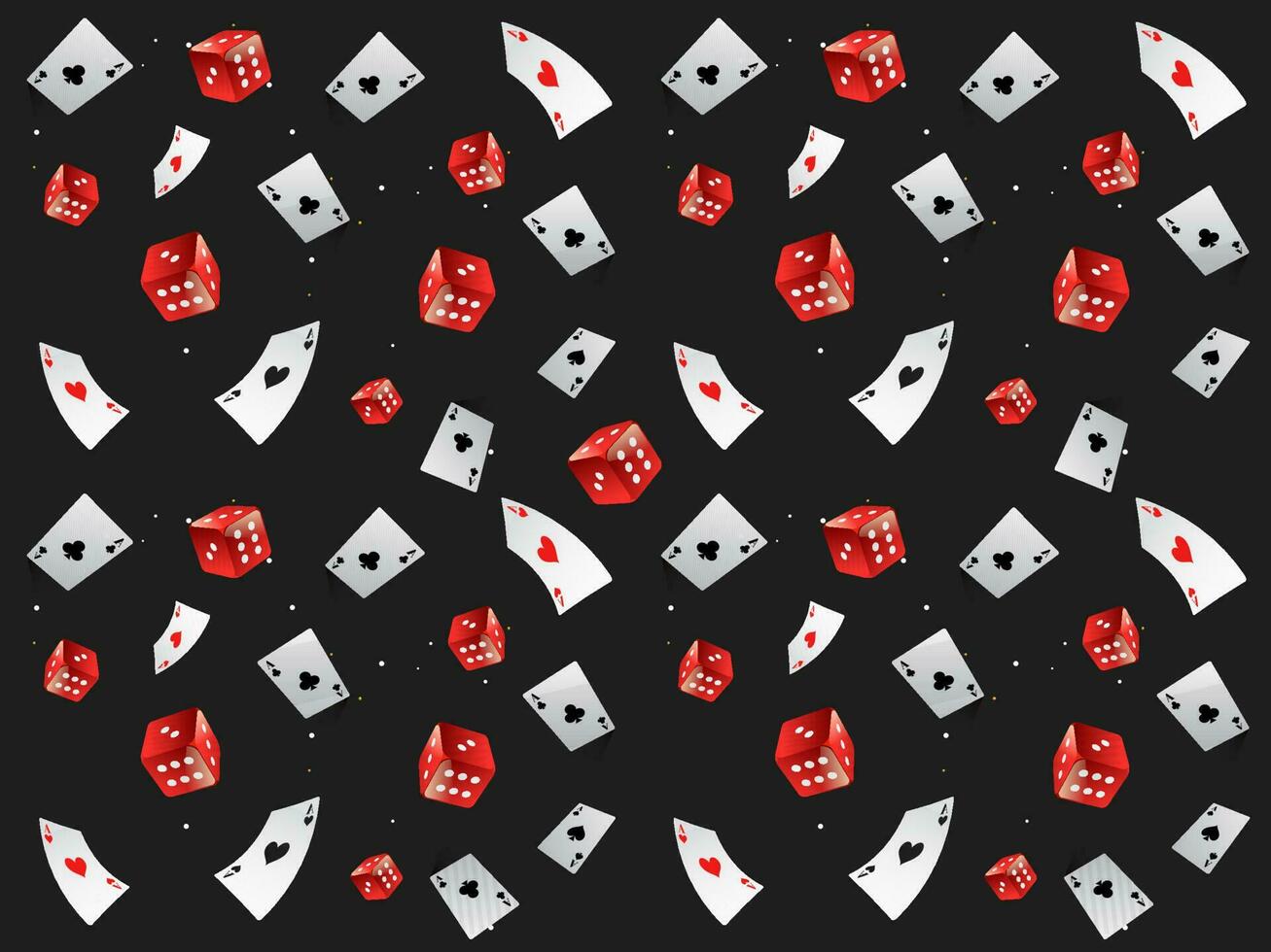 Flying Ace Cards With Red Realistic Dices Decorated On Black Background. vector