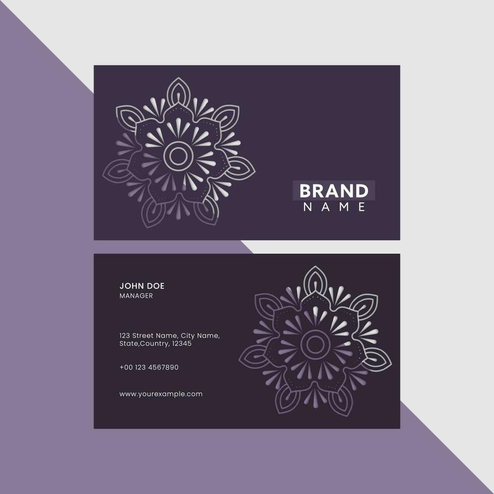mandala negocio tarjeta modelo en frente y espalda ver en gris y púrpura antecedentes. vector