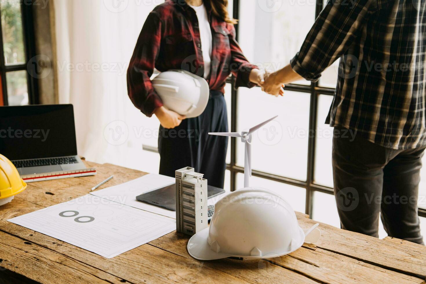 Architectural Office desk background construction project ideas concept, With drawing equipment with mining light photo