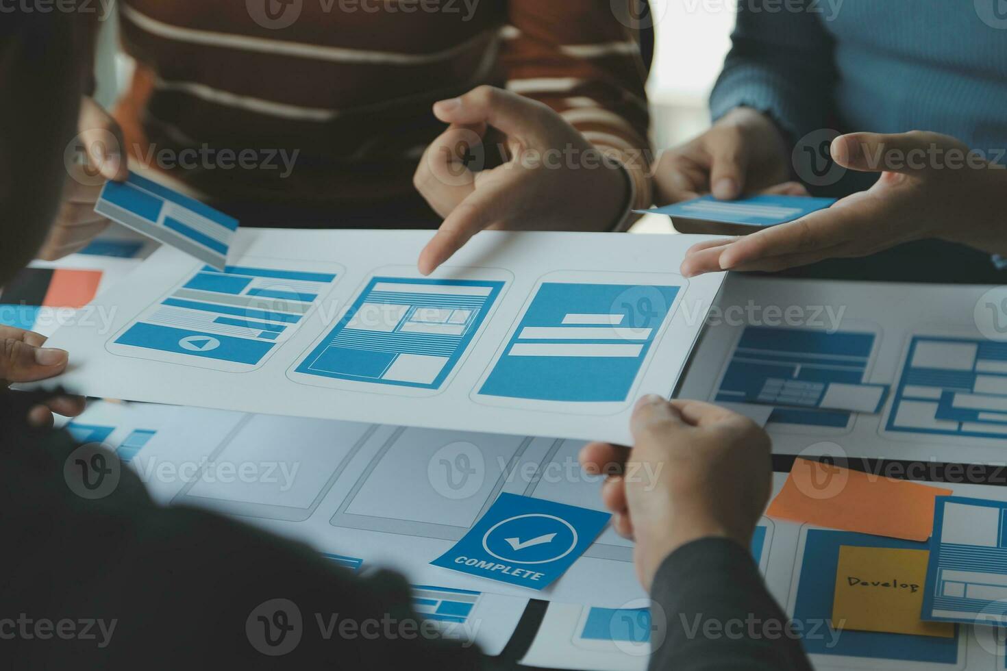 ux Graphic designer creative sketch planning application process development prototype wireframe for web mobile phone . User experience concept. photo