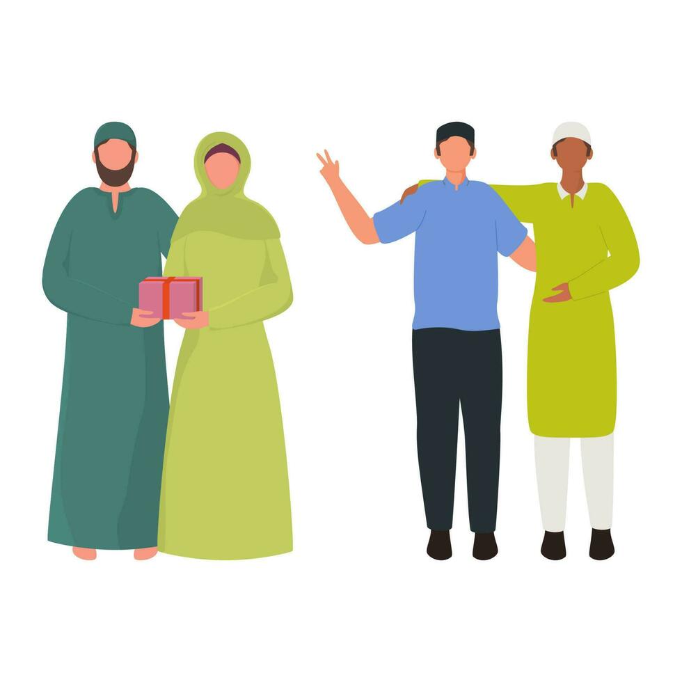 Cartoon Muslim Men And Woman Character In Standing Pose. vector