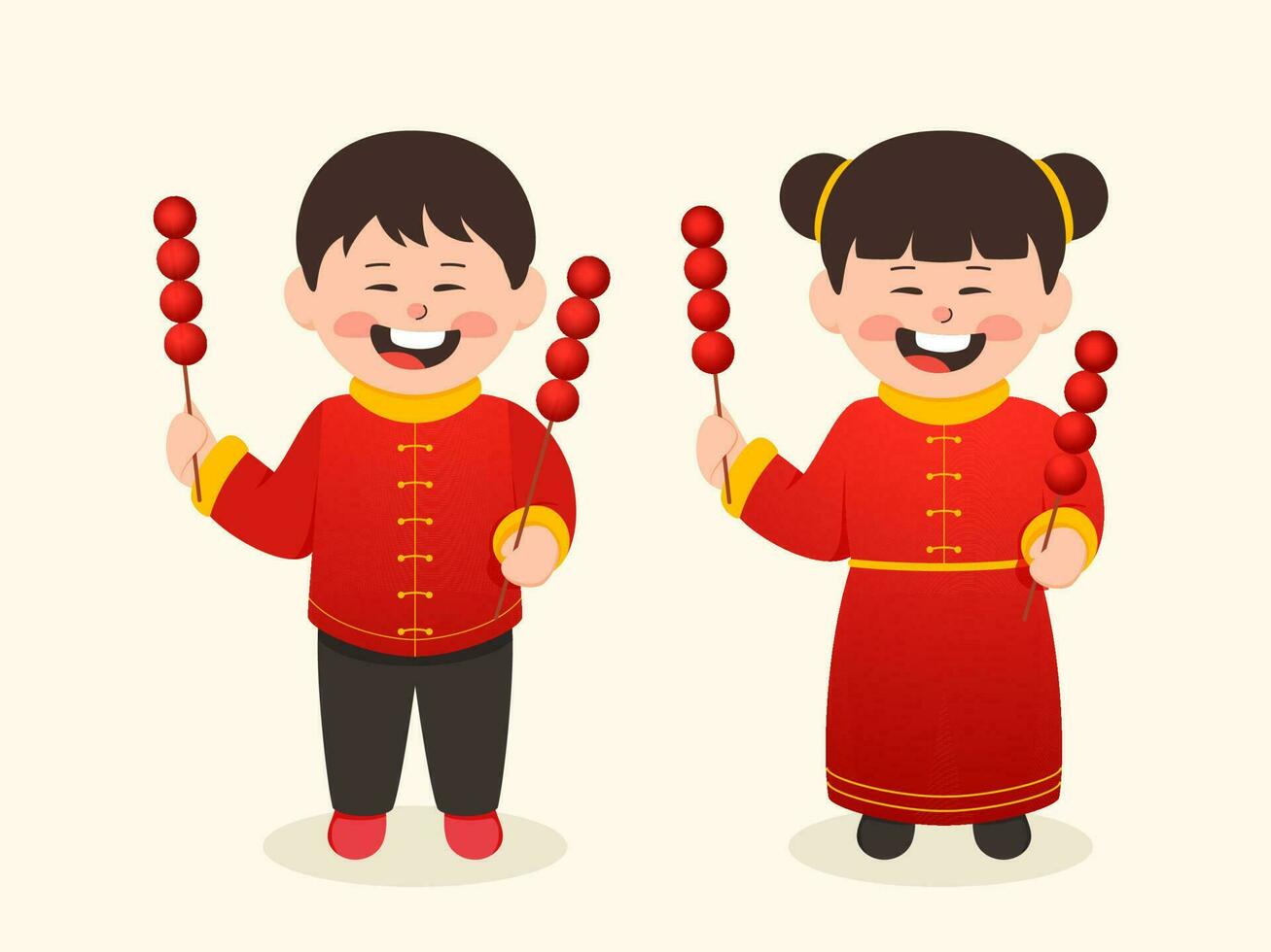 Cheerful Chinese Kids Holding Tanghulu Hawthorn Sticks On Beige Background. vector