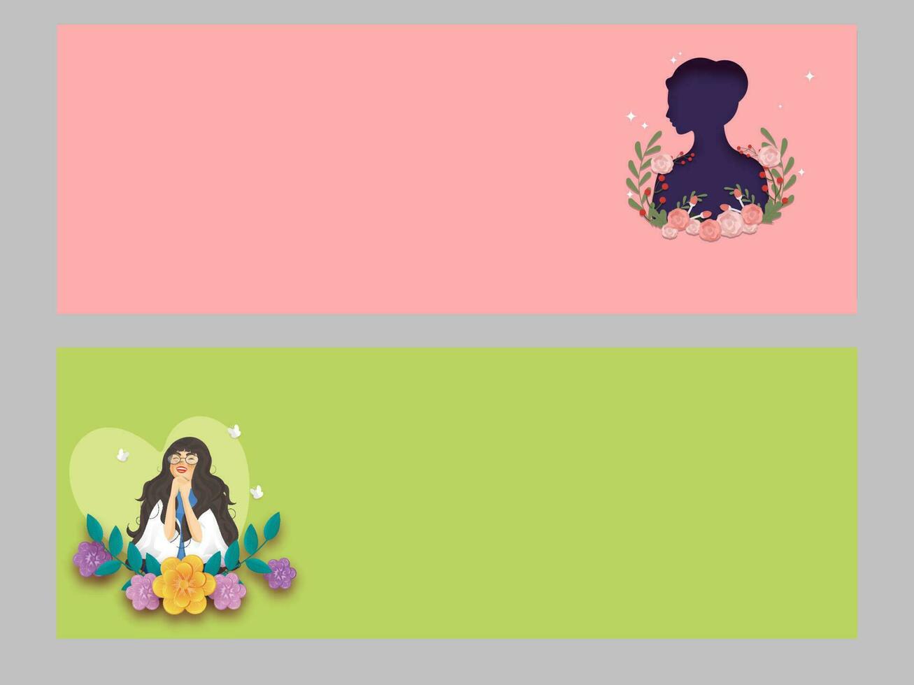 Social Media Header Or Banner Design With Woman Illustration And Floral On Pastel Pink And Green Background. vector