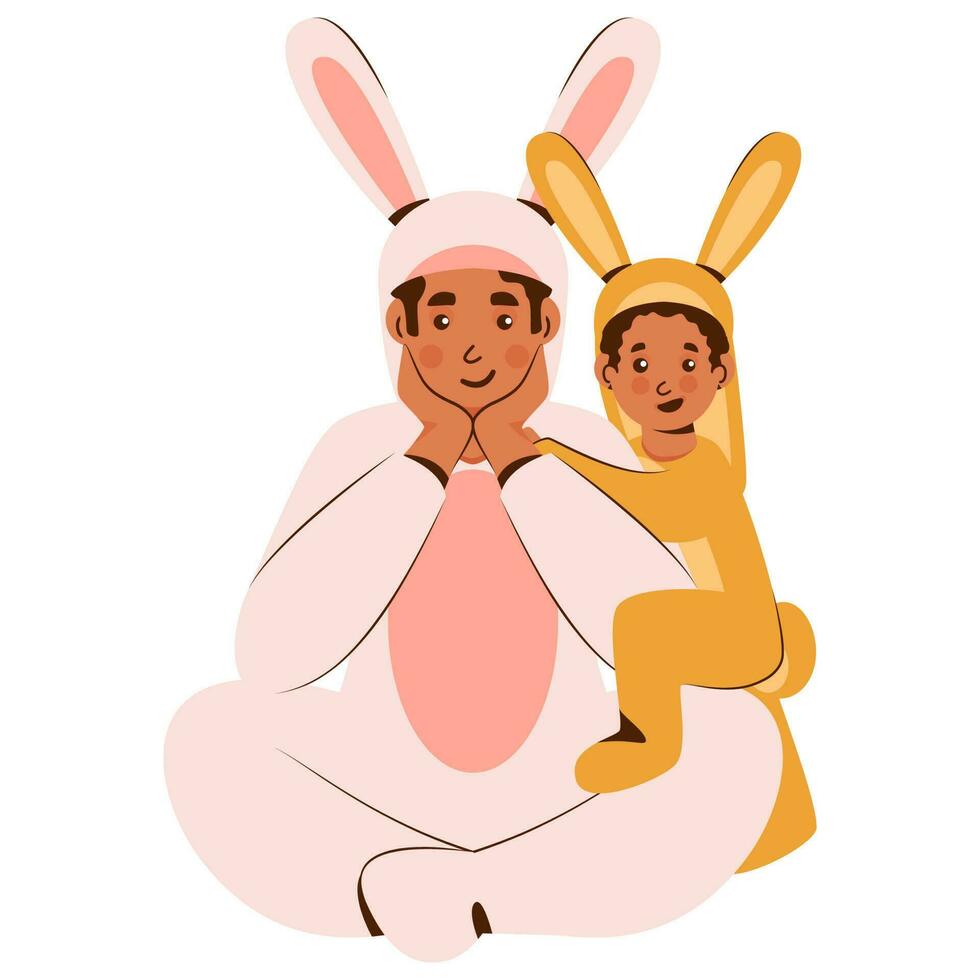 Cartoon Man With His Son Wearing Rabbit Costume On White Background. vector