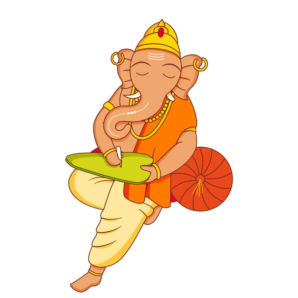 Hindu Lord Ganesha Writing Over Leaf Or Green Paper On White Background. vector