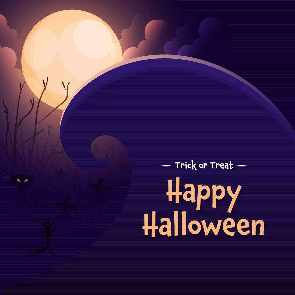 Full Moon Cemetery Large Wave Background With Scary Cats For Trick Or Treat Happy Halloween. vector