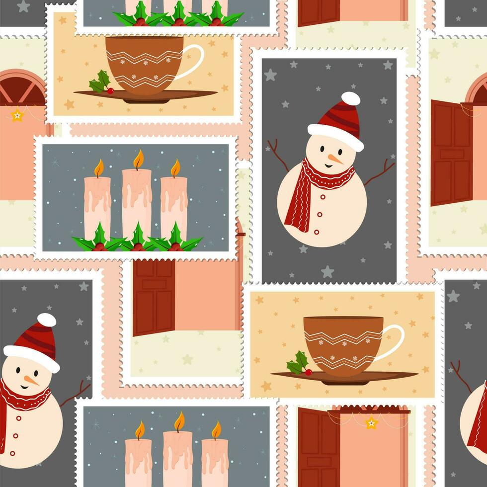Seamless Christmas Stamps Pattern Background. vector