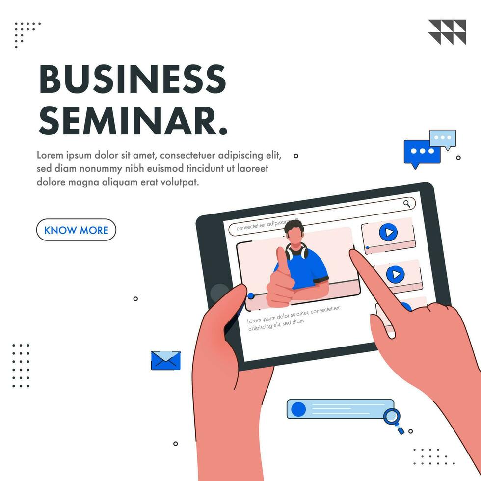 Business Seminar Poster Design With Human Watching Online Video Through Tablet On White Background. vector